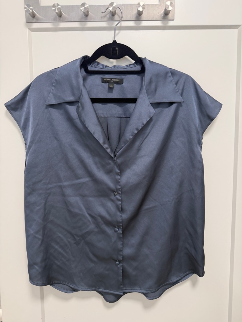 Banana Republic Slate Blue Satin Button-Front Cap Sleeve Blouse